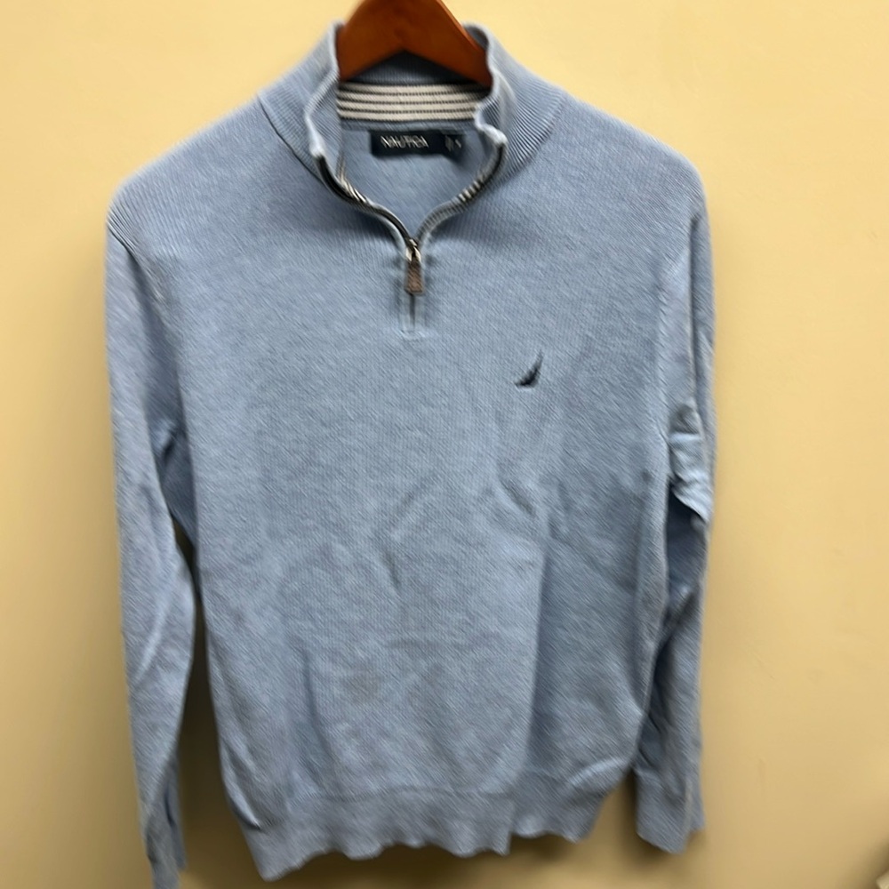 Nautical M medium blue white 100% cotton sweater pull over quarter zip fleece